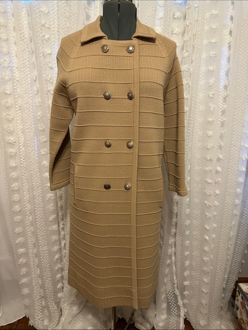 Vintage Janet Sloane Greenwich Classic Double-Breasted Camel Knit Dress Coat